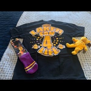 1990s Laker shirt, Kareem 33 bear, and Shaq size 9-13 socks.